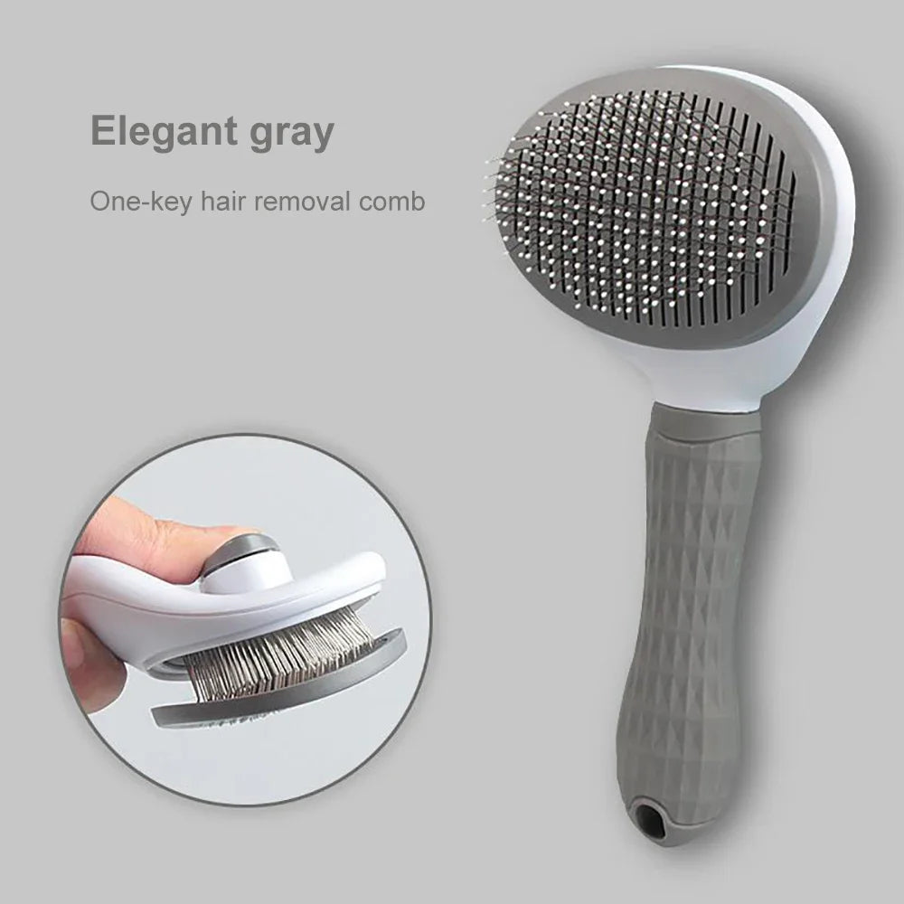 Grey and white self-cleaning pet slicker brush with a textured handle and a button for easy hair removal.