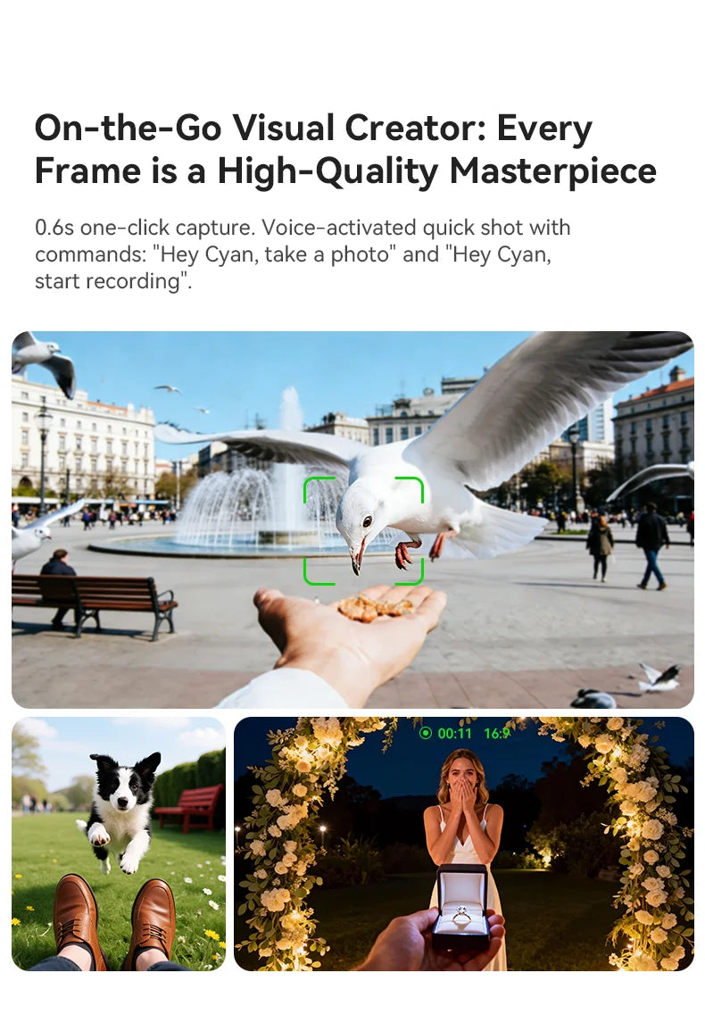Sleek black smart camera glasses showing high-quality POV images of a bird, a dog, and an engagement proposal.