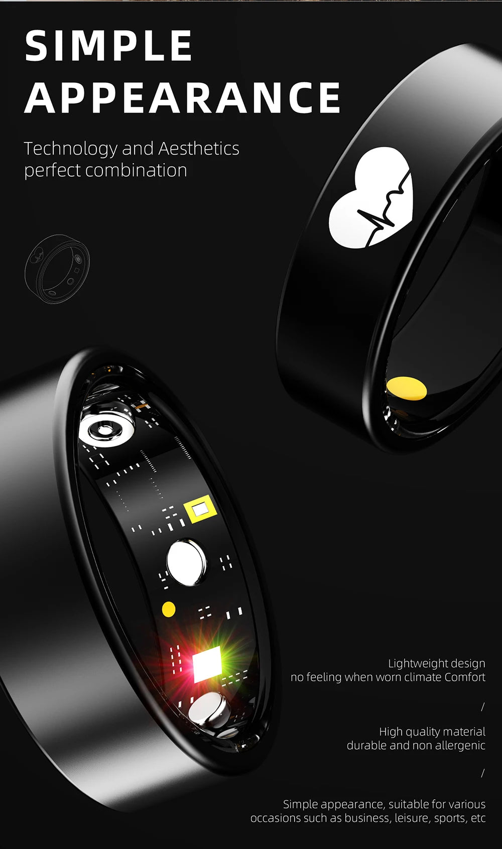 A sleek, black smart fitness ring featuring an exterior heart icon and an interior sensor array for health tracking.