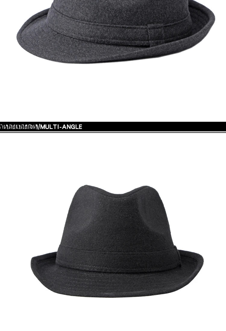 A charcoal grey felt fedora with a pinched crown and a structured brim, featuring a matching ribbon hatband.