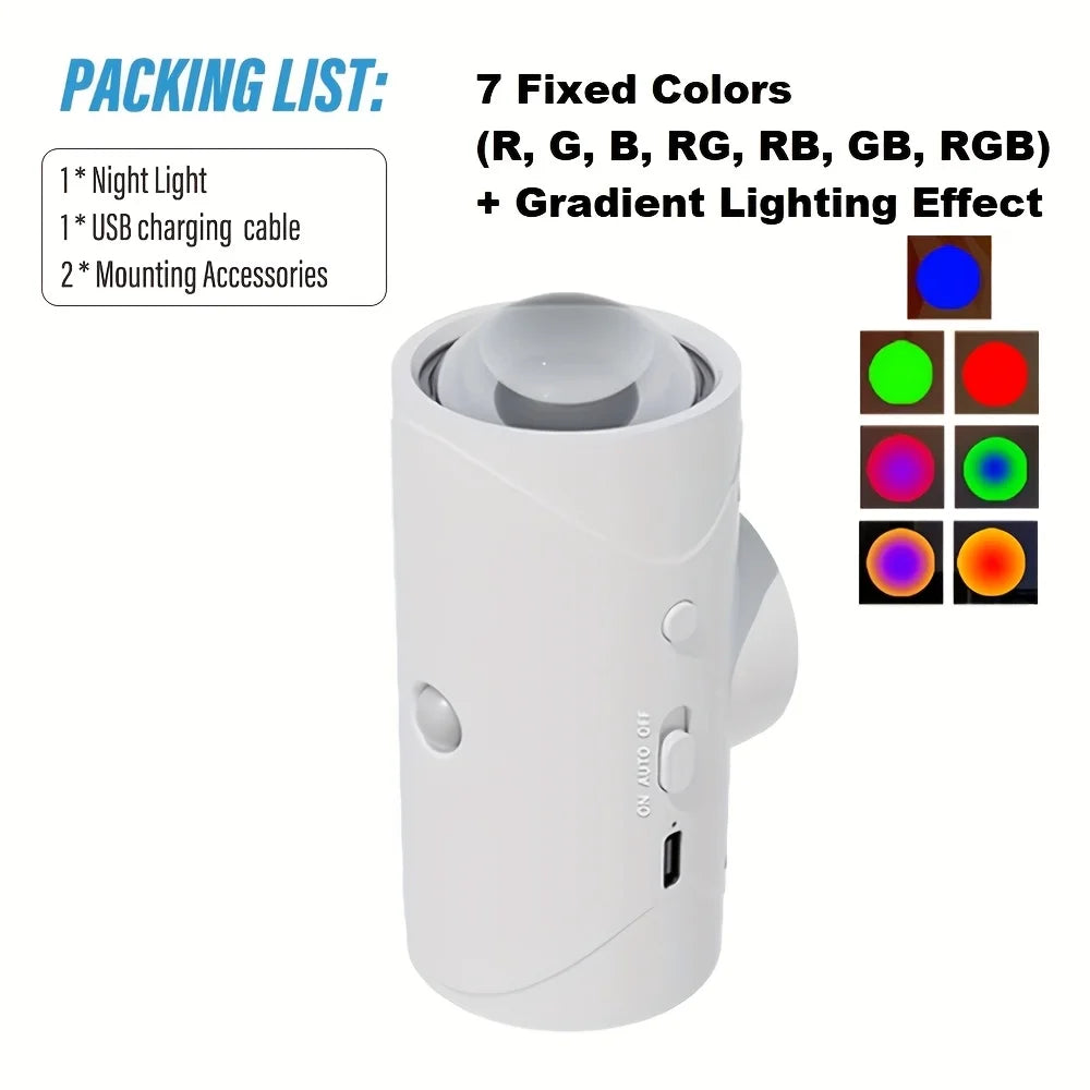 White motion-sensor LED night light with 7 colour modes and gradient effects, USB rechargeable, including accessories.
