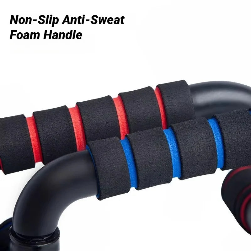 Close-up of two fitness push-up bars featuring black non-slip foam handles with red and blue accents.