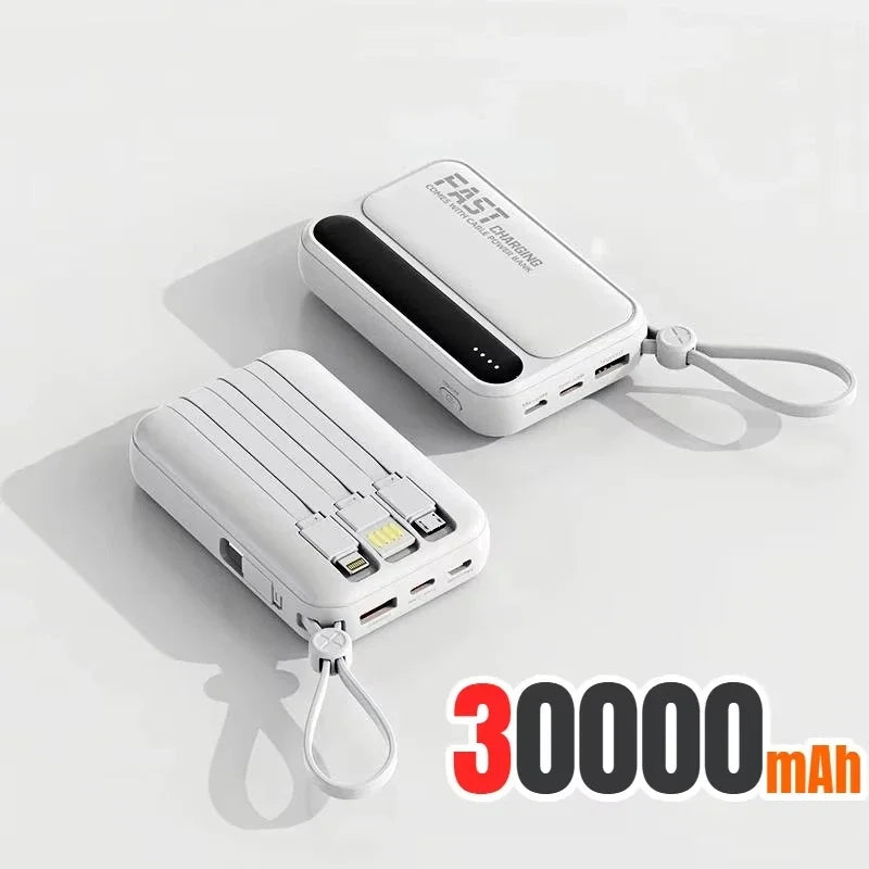 Two white 30,000mAh portable power banks with built-in charging cables, carry straps, and LED battery indicators.
