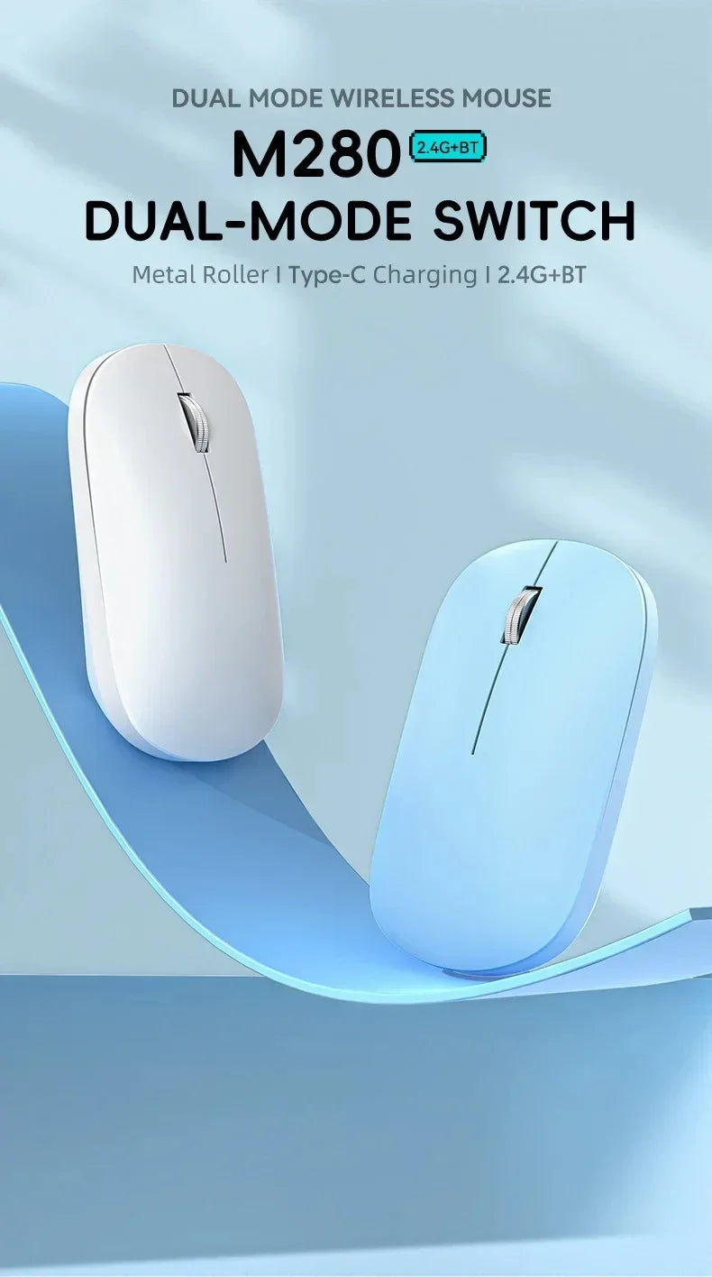 Slim, ergonomic white and pastel blue wireless dual-mode mice with silver metal scroll wheels on a curved surface.
