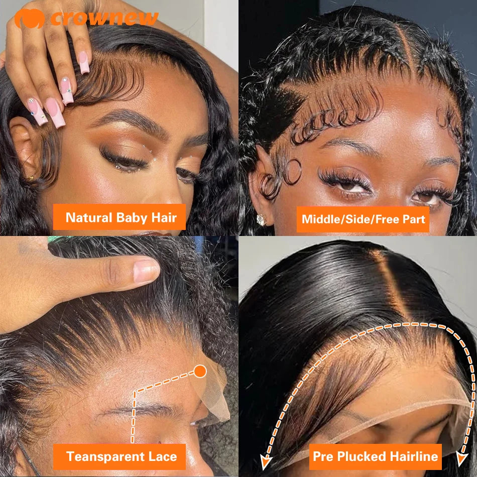 Four close-up views of a black human hair wig highlighting baby hair, parting options, transparent lace, and pre-plucked hairline.