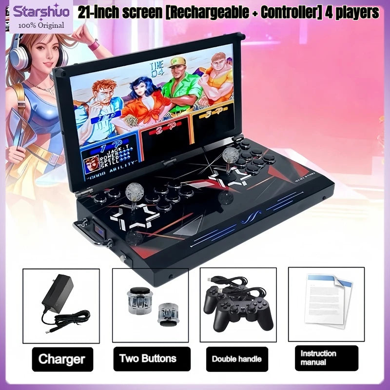 Black two-player arcade console with 21-inch screen, joysticks, action buttons, and accessories.