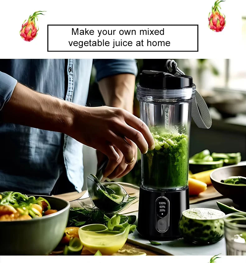 Portable black personal blender with a digital display, being used to make green juice in a kitchen setting.