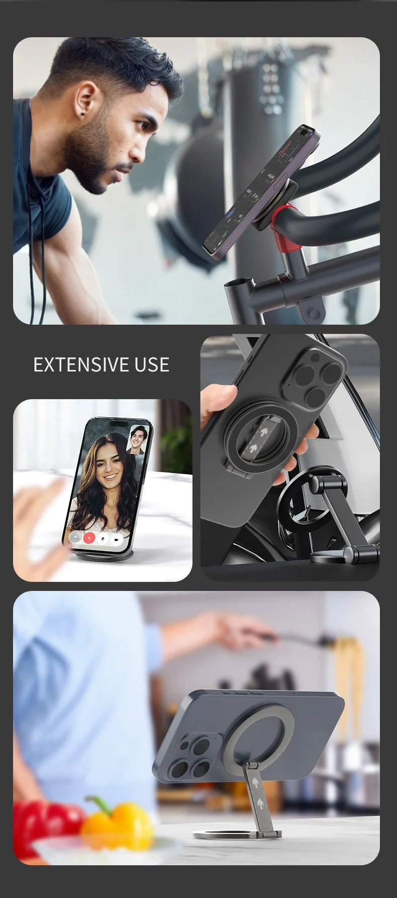 Collage of a versatile grey magnetic phone ring holder used as a stand and mount on exercise equipment and tables.