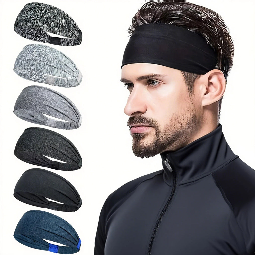 A model wearing a black sports headband, with five additional headbands in grey, blue, and black shades alongside.