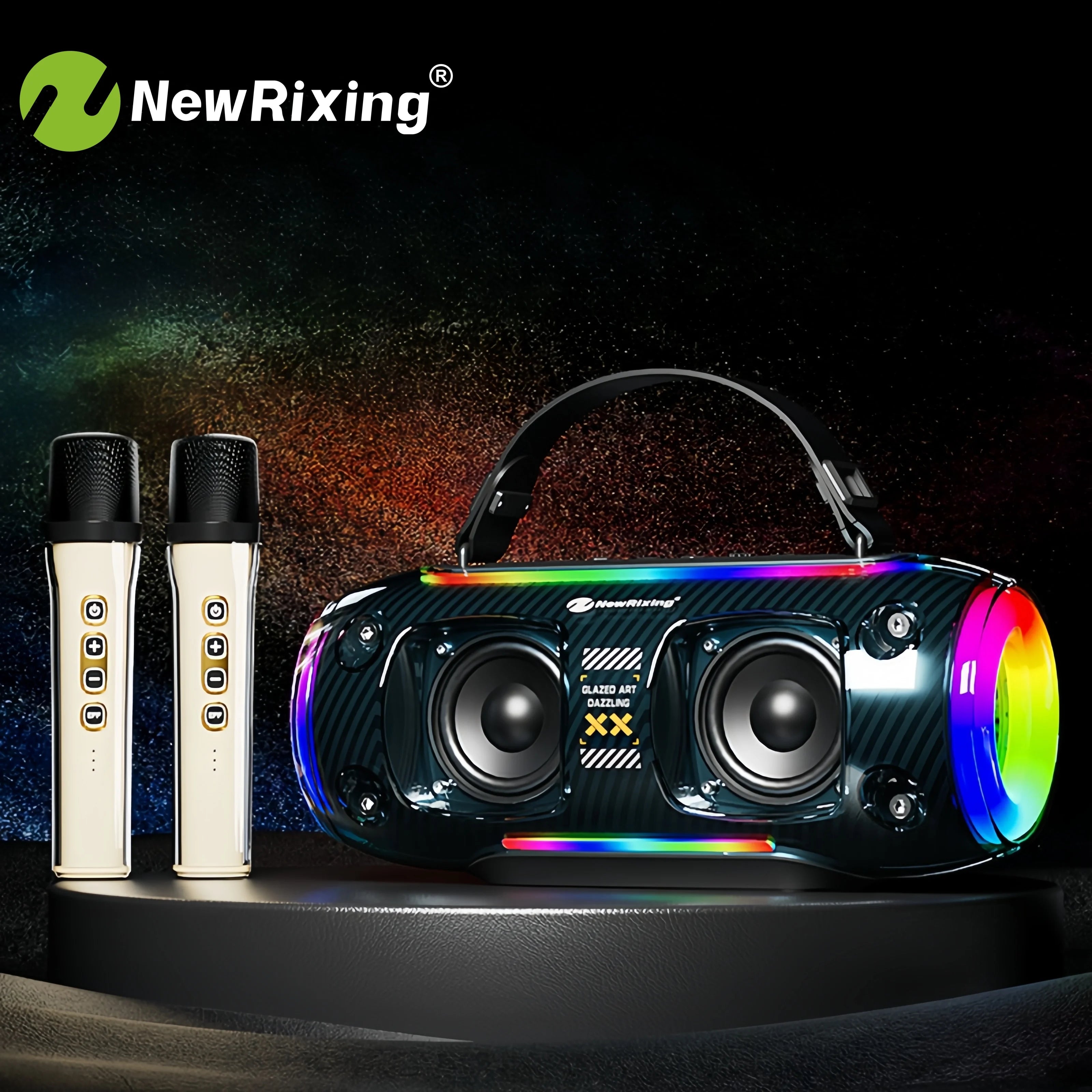 Portable black karaoke speaker with RGB LED lights and two matching champagne-gold wireless microphones.
