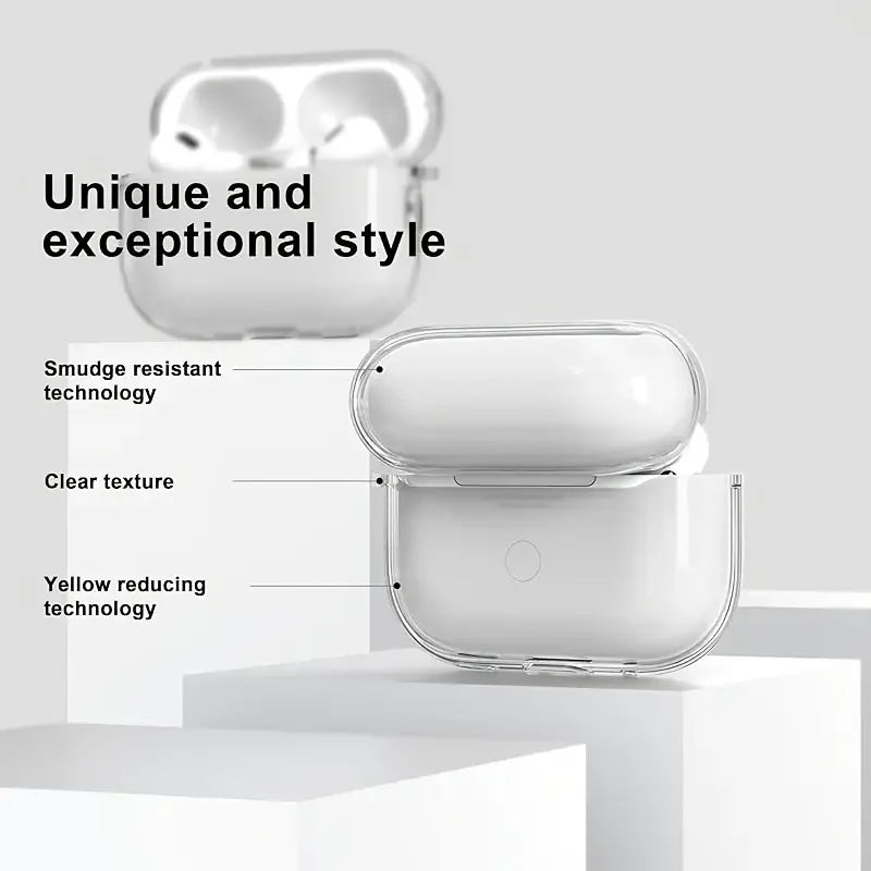 Clear, smudge-resistant case for AirPods Pro, featuring yellow-reducing technology and a transparent finish.