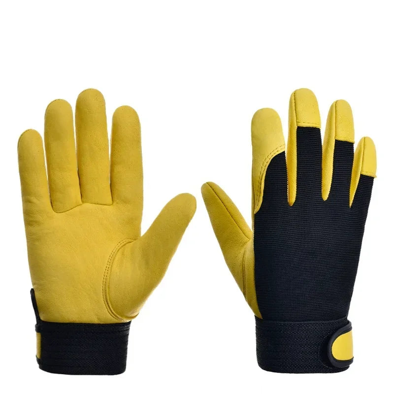 Yellow and black cowhide leather work gloves with flexible fabric backs and secure hook-and-loop wrist straps.