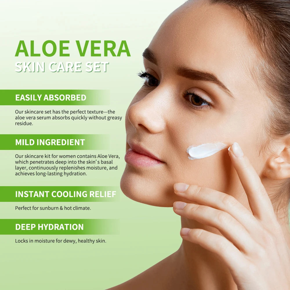 Woman applying white aloe vera skincare cream to her cheek; text highlights cooling relief and deep hydration benefits.