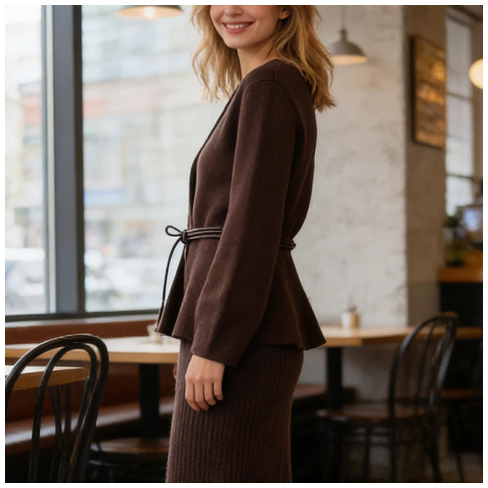 A woman wearing a dark brown knitted peplum cardigan with a slim tie-waist belt and a matching rib-knit skirt.