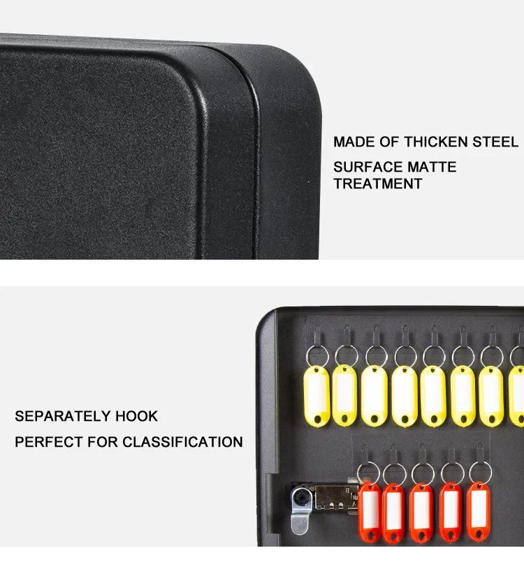 Black matte steel wall-mounted key cabinet with internal hooks and color-coded plastic key tags.