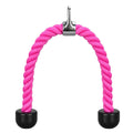 Bright pink tricep rope with silver metal attachment hook and black rubber end stoppers.