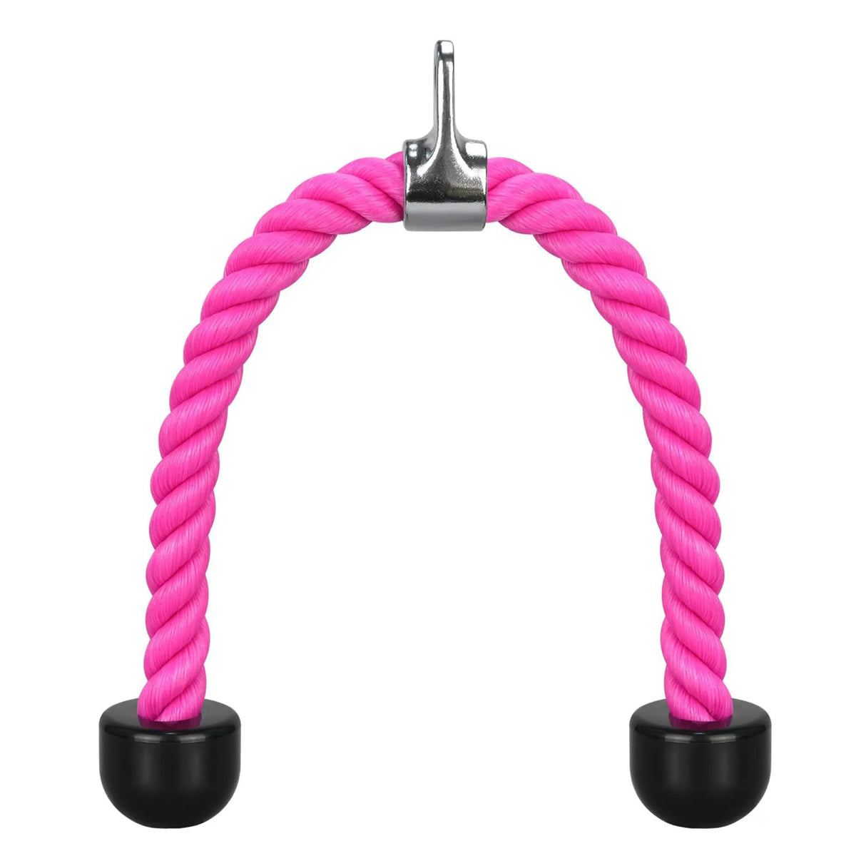 Bright pink tricep rope with silver metal attachment hook and black rubber end stoppers.