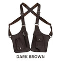 Dark brown, dual-pocket tactical chest rig with adjustable shoulder straps, zip closures, and snap-button pockets.