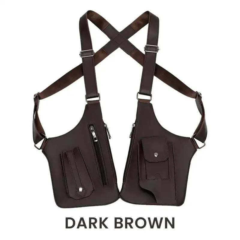 Dark brown, dual-pocket tactical chest rig with adjustable shoulder straps, zip closures, and snap-button pockets.