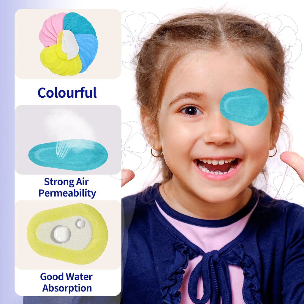 Girl wearing a breathable, absorbent, colorful fabric adhesive eye patch for children.