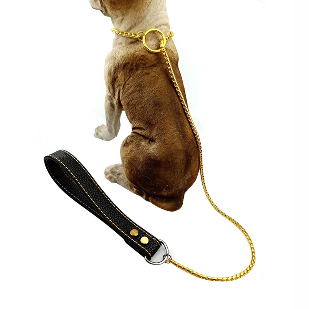 Gold metal chain dog leash with integrated collar on dog model, featuring a black leather handle.