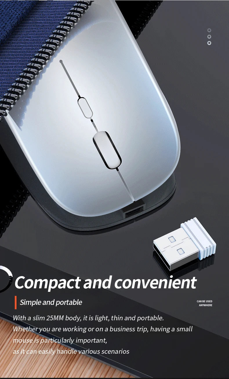 Slim, silver ergonomic wireless mouse with a compact USB receiver, designed for easy portability.