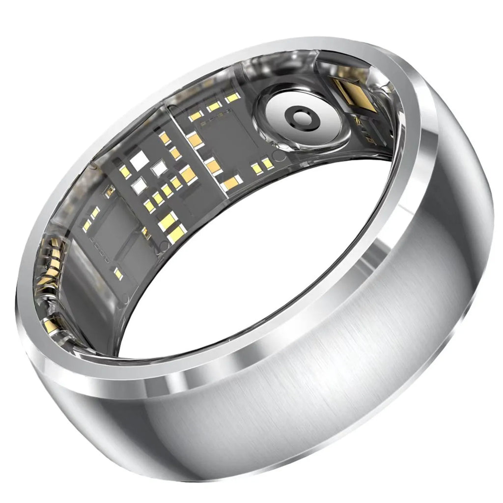 A sleek, silver smart fitness ring, showing the internal health sensors and electronic components on the inner band.