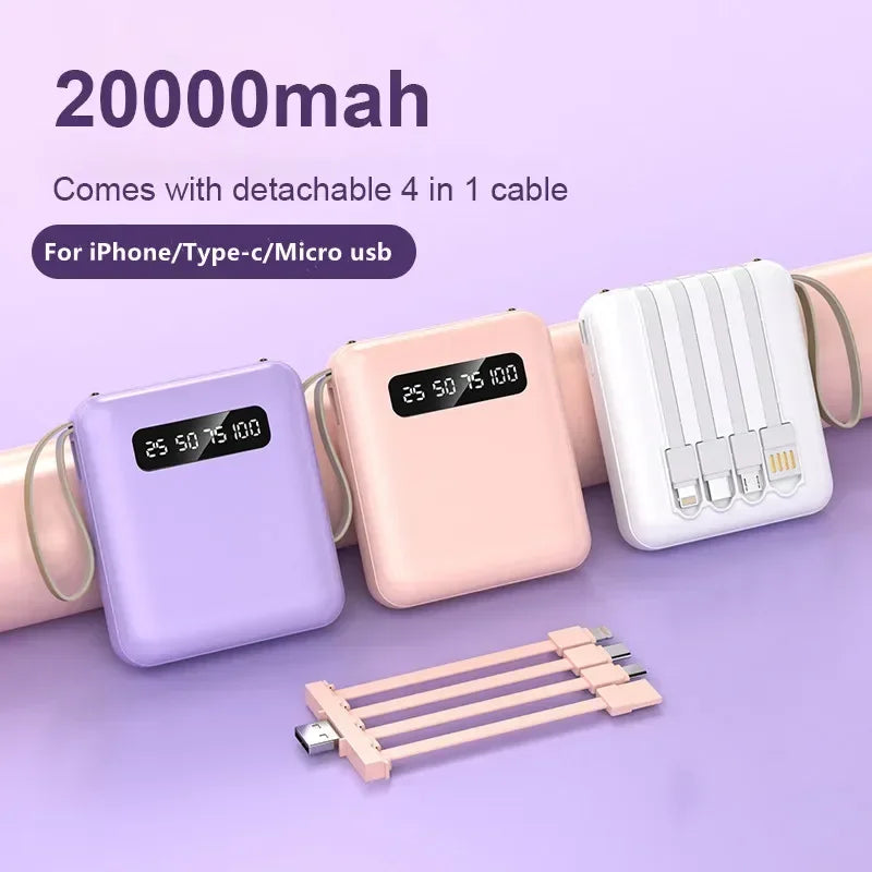 Three portable 20000mAh power banks in lilac, pink, and white, each featuring a digital display and built-in cables.