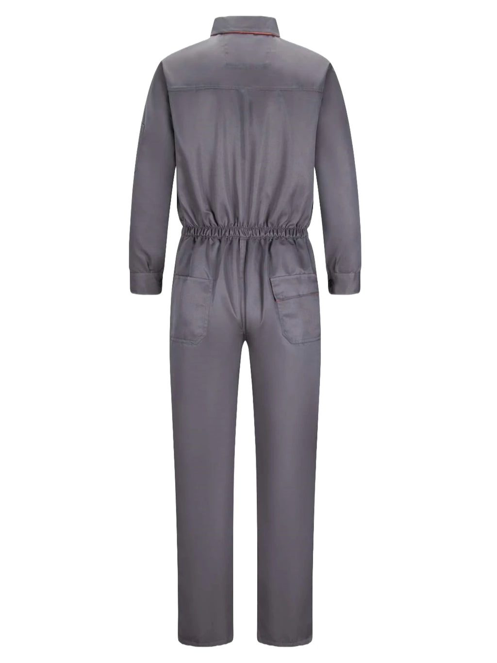 Rear view of dark grey heavy-duty work coveralls, featuring a collared design, elasticated waist, and two back pockets.