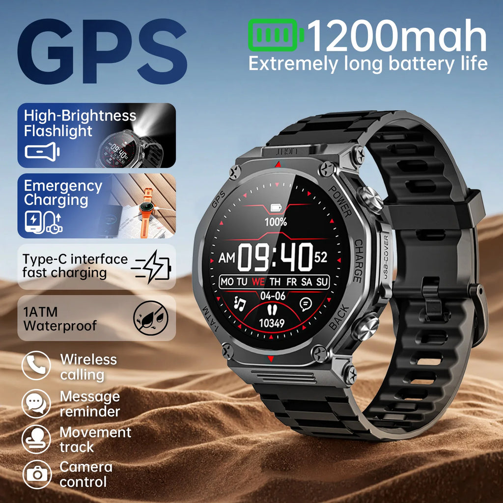 Rugged black smartwatch with a round digital display, featuring GPS, integrated flashlight, and a durable strap.