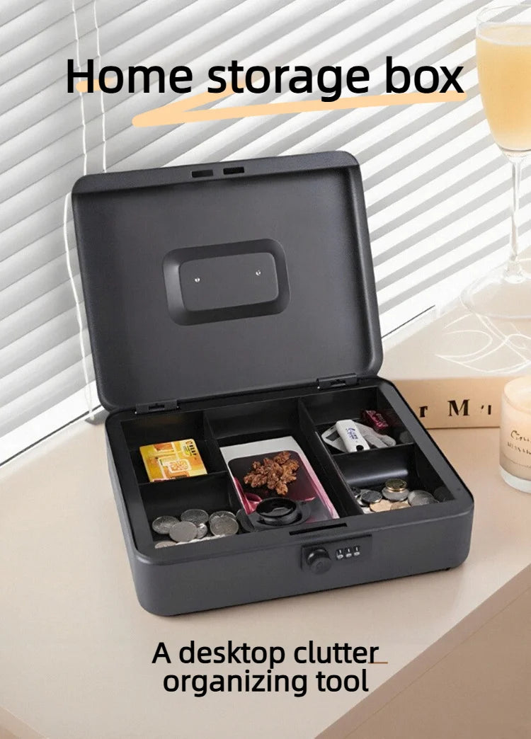 Black metal cash box with a combination lock and internal dividers for organizing coins, cards, and small items.