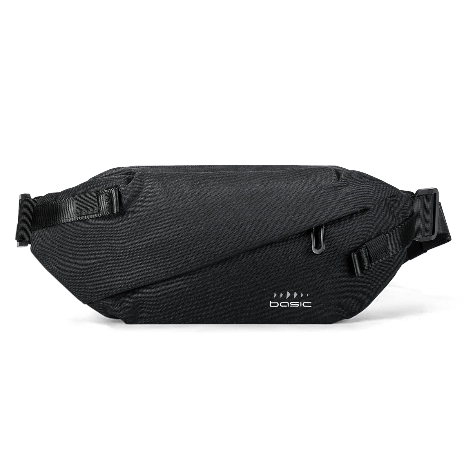 Minimalist black anti-theft crossbody sling bag with adjustable strap and secure zip fastening on a white background.