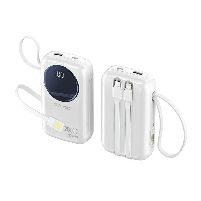 White 20,000mAh power bank with digital display, fast charging, and integrated cables with a handy carry strap.
