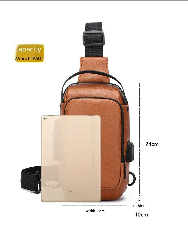 Tan leather-look crossbody sling bag with adjustable strap, external USB port, and space for a 7.9-inch tablet.