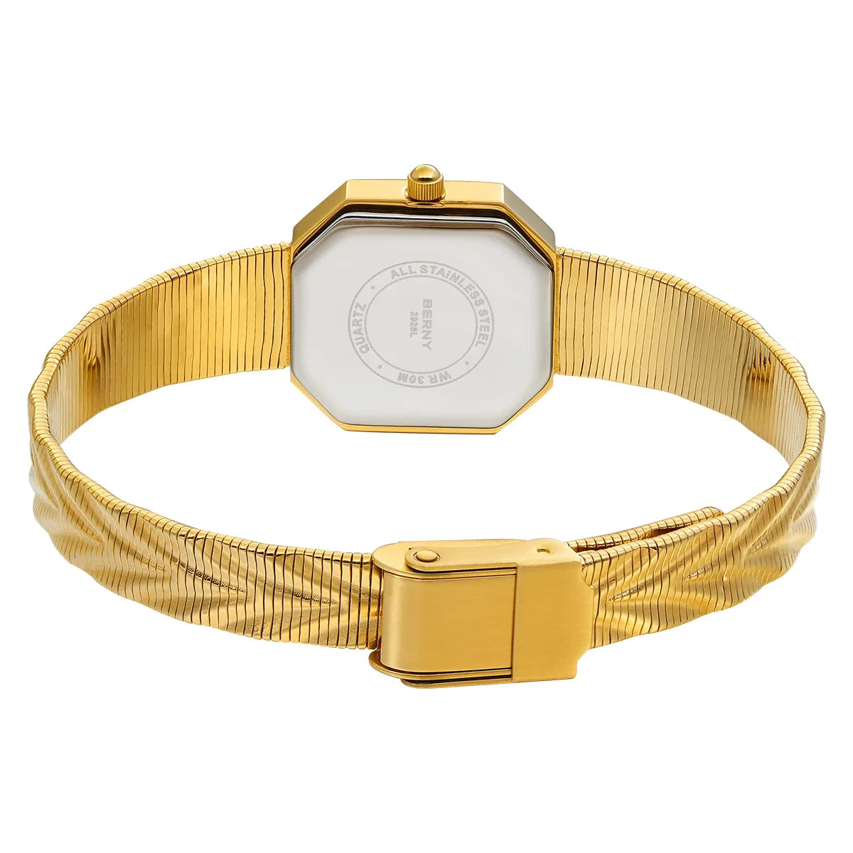 BERNY gold octagonal stainless steel women's quartz watch showing the back case and textured mesh strap clasp.