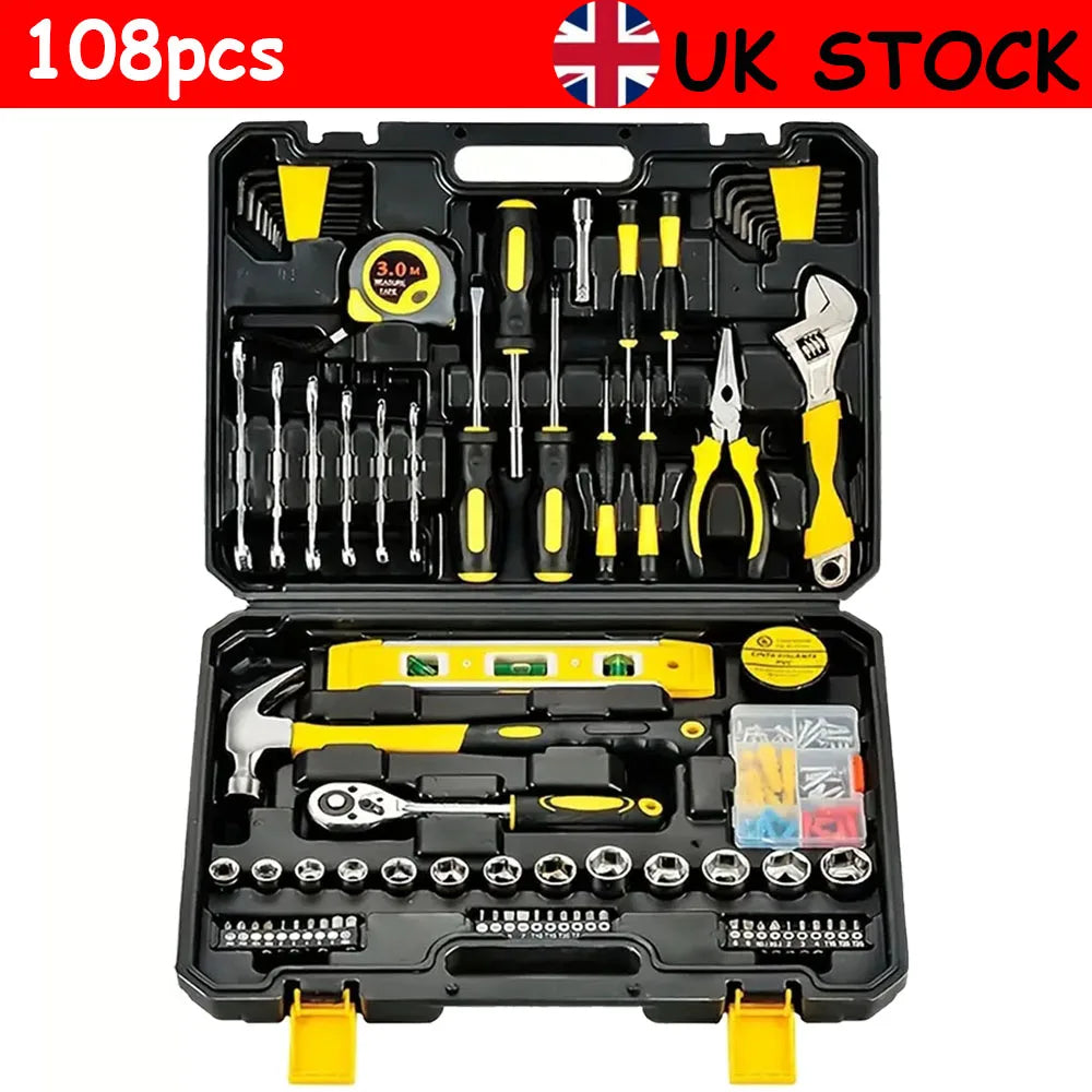 Black and yellow 108-piece tool set in molded case, including wrenches, screwdrivers, hammer, pliers, and sockets.