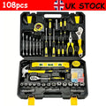 Black and yellow 108-piece tool set in a molded case, featuring wrenches, screwdrivers, a hammer, and sockets.