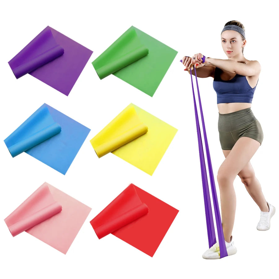A set of six colourful flat yoga resistance bands, with a woman demonstrating an exercise using the purple band.