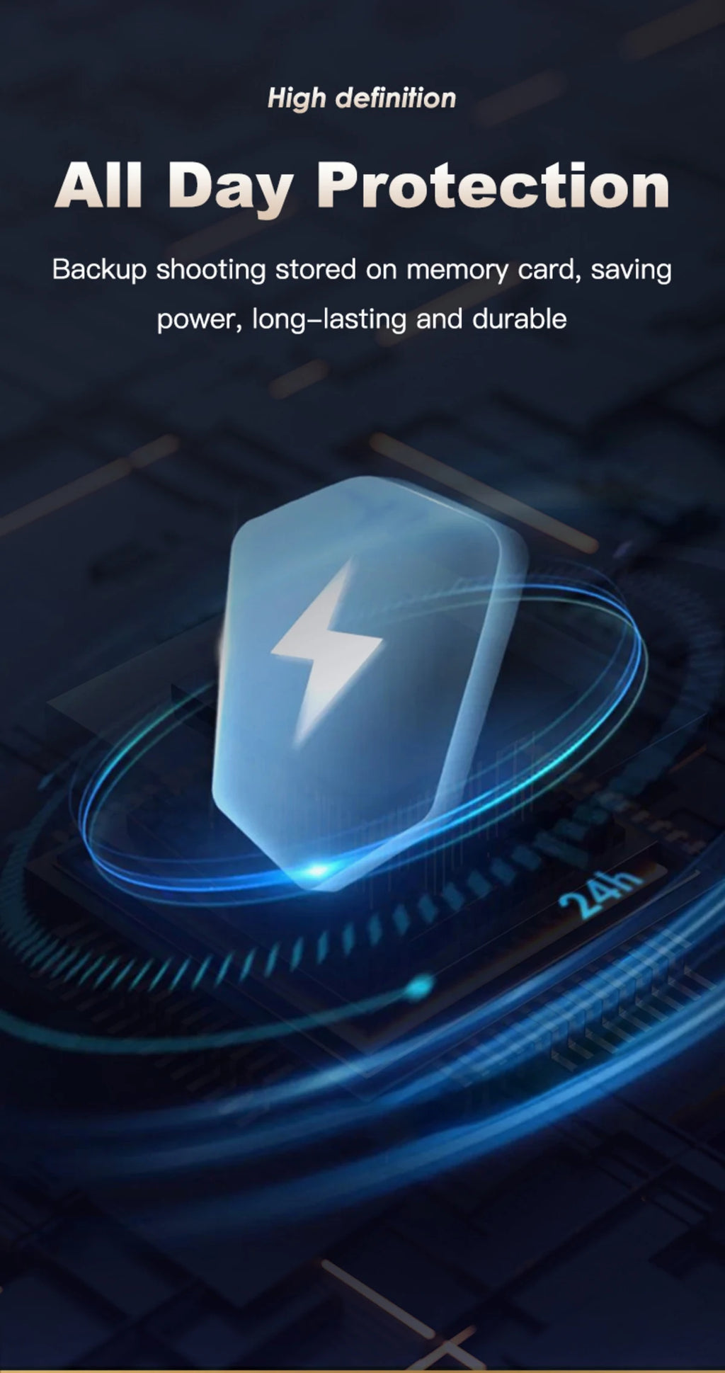A blue, translucent shield icon with a white lightning bolt, symbolizing memory card power protection on a dark background.