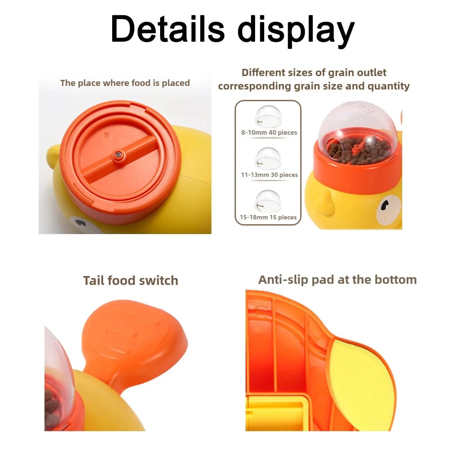 Yellow and orange pet treat dispenser with adjustable food outlets, tail switch, and anti-slip base.