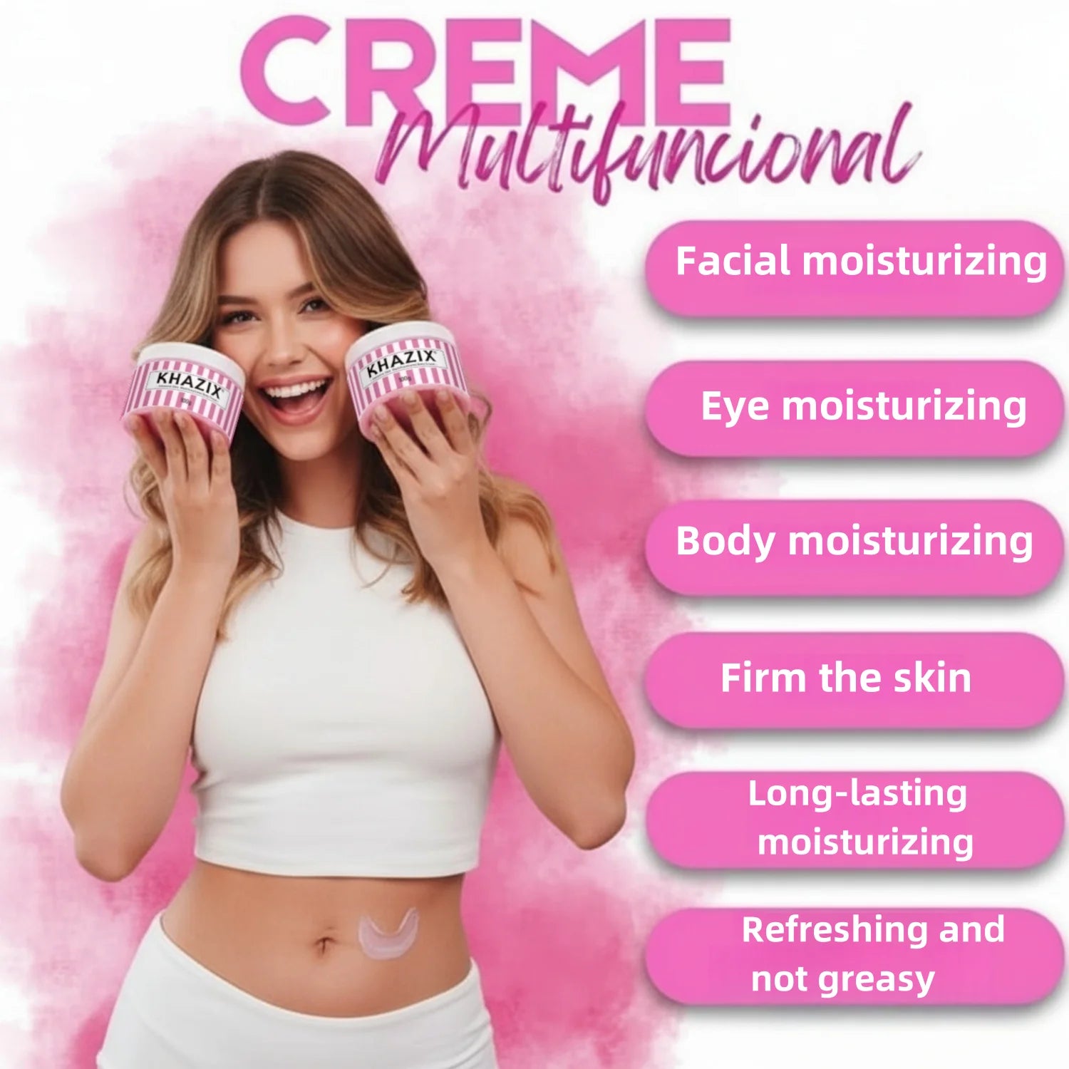 Smiling woman holding pink striped jars of multifunctional moisturising cream for face, eyes, and body.