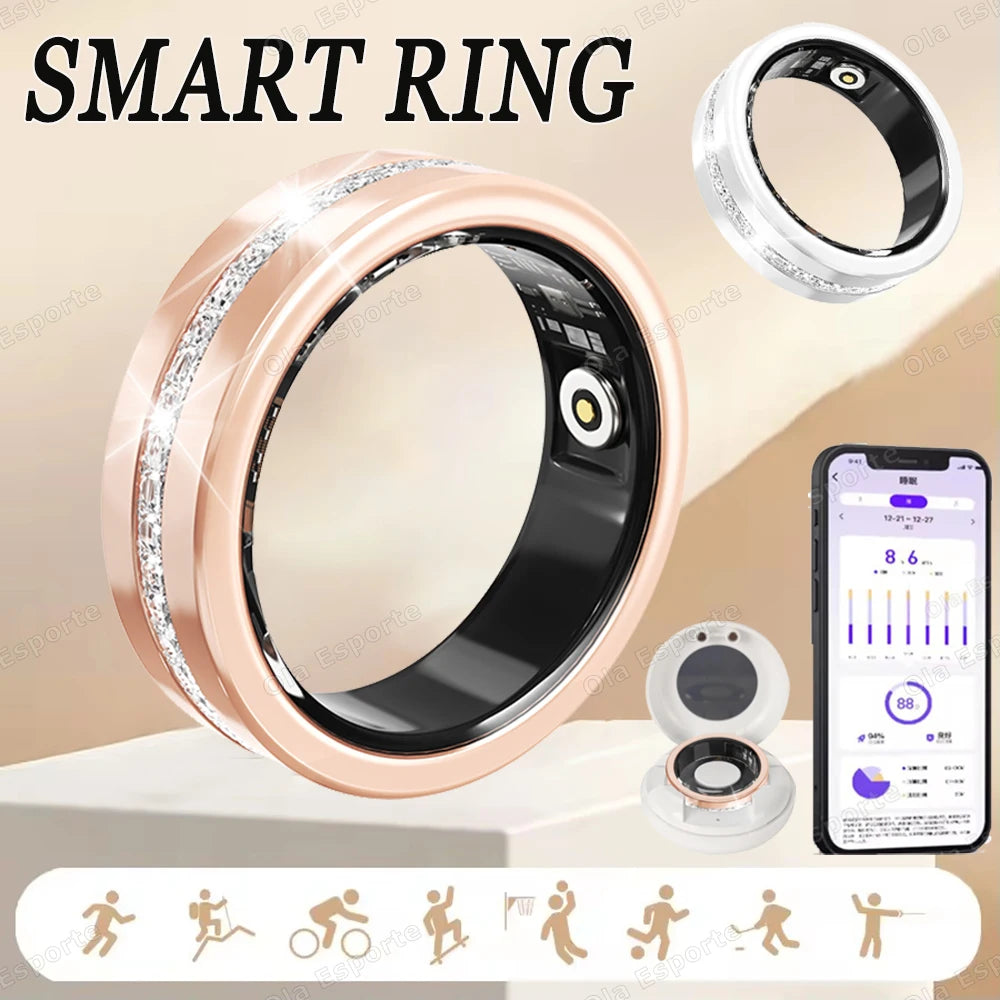 Rose gold and silver smart fitness rings with sensor detail, shown with a charging case and mobile tracking app.