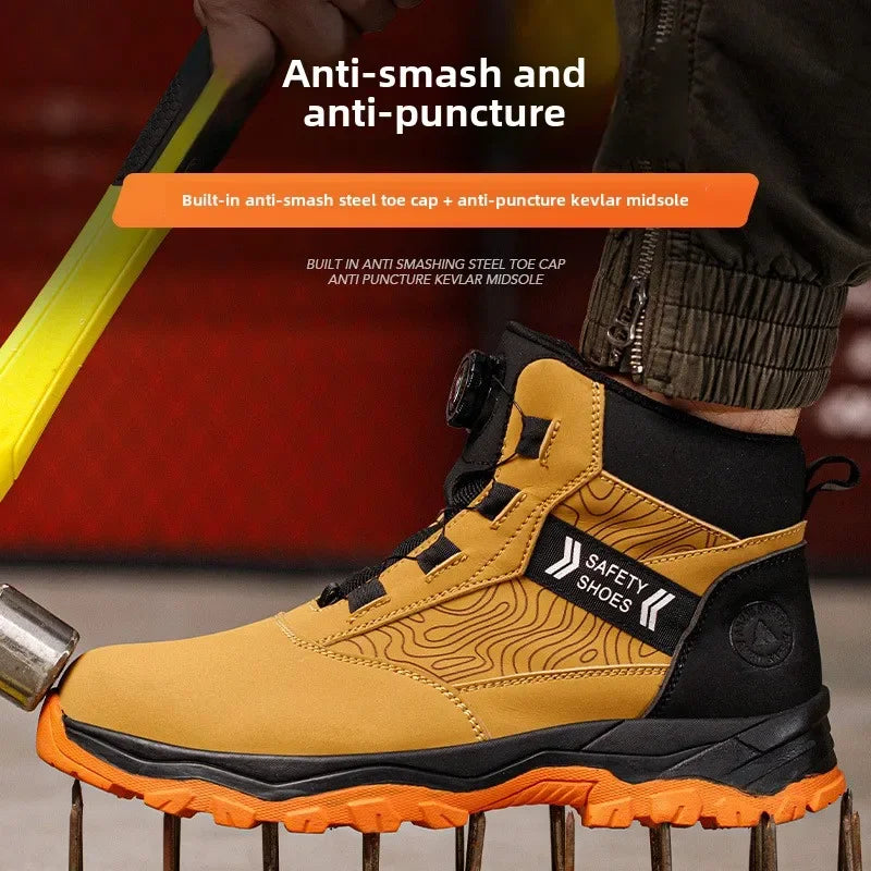 High-top safety work boot in yellow and black, featuring a rotating lace button and steel toe cap.