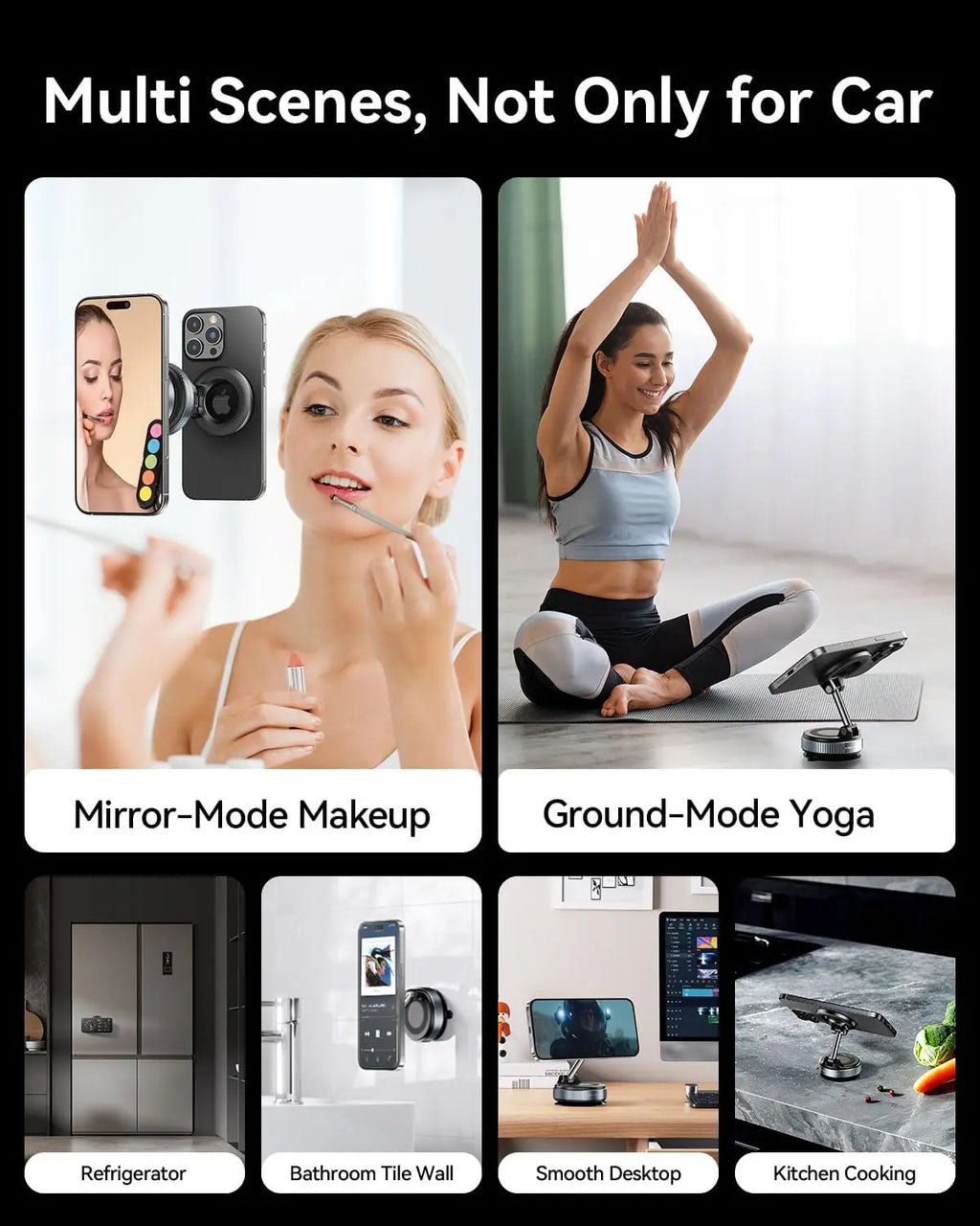 Magnetic phone holder in silver and black, versatile for desk, kitchen, bathroom, or mirror use. Compact folding design.