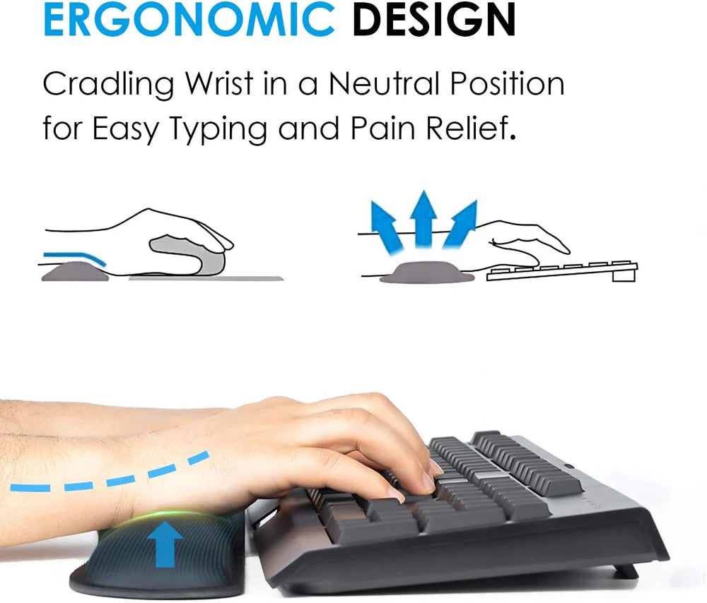 Black ergonomic foam wrist rest support for a computer keyboard, showing a person typing with wrist alignment.