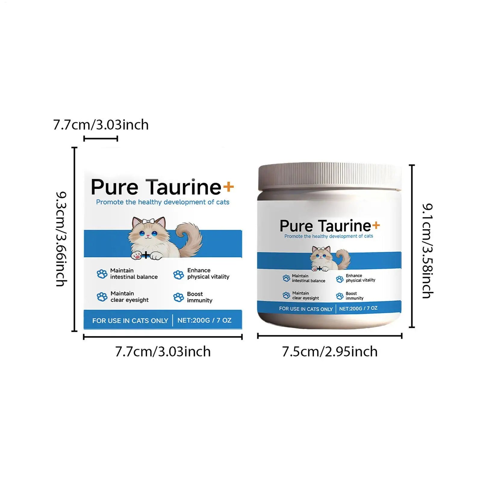 White 200g jar of cat taurine supplement with label detailing dimensions, health benefits, and a kitten illustration.