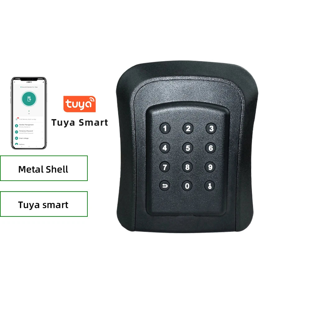 Black metal smart keypad lock for home security, compatible with the Tuya Smart app.