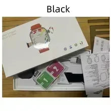 Black 4G Android smartwatch in its retail box, featuring a 180° rotary camera, GPS, screen wipes, and charger.