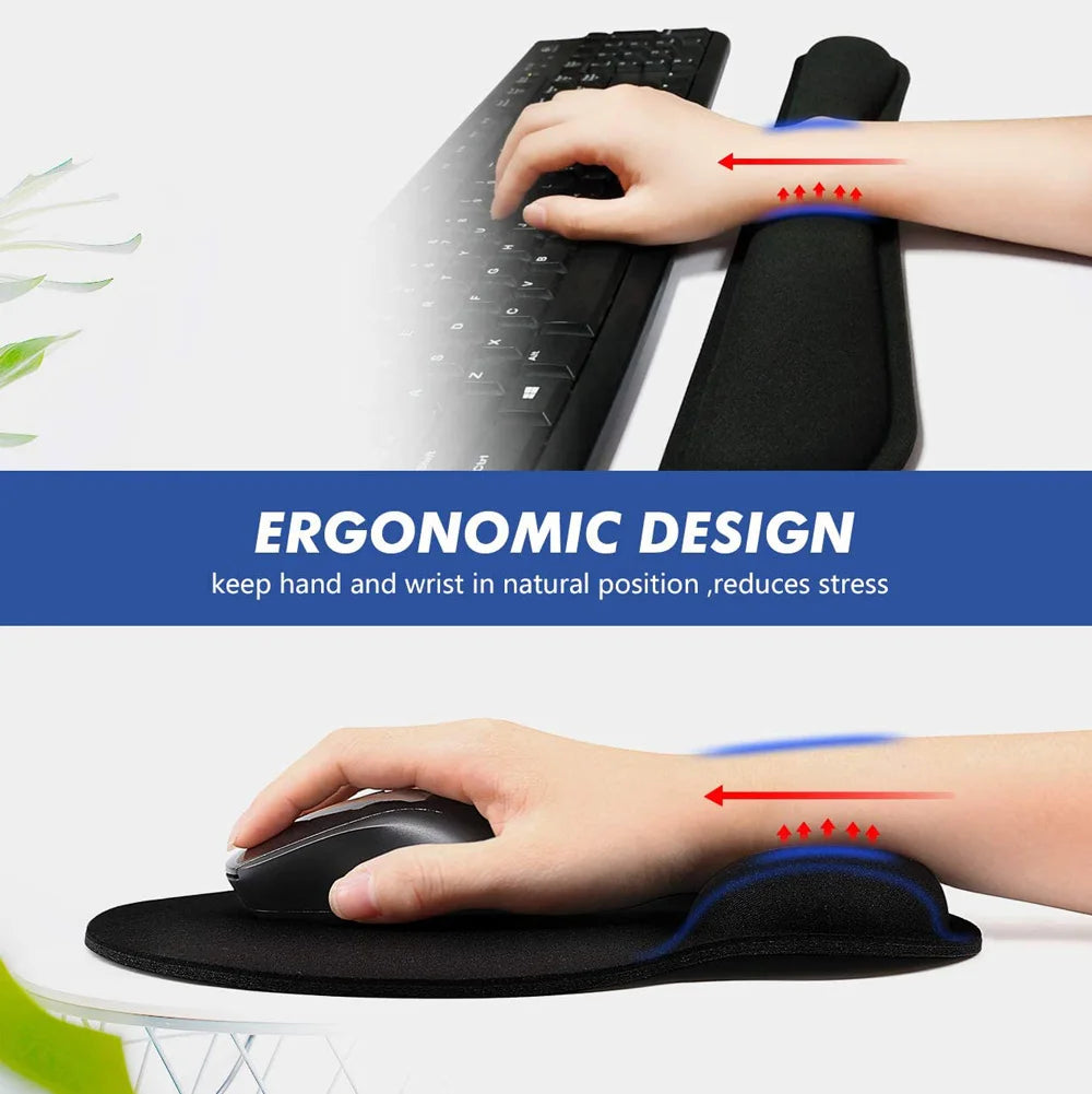 Black foam ergonomic keyboard and mouse wrist rests on a white desk with hands in use.