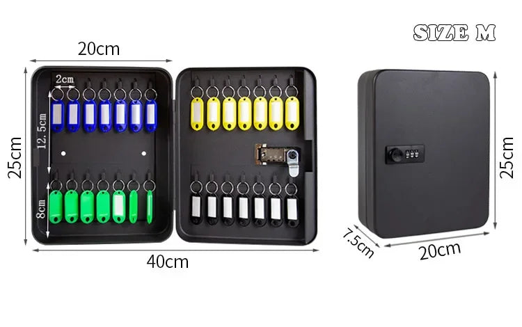 Black metal key cabinet with combination lock, interior hooks, and multi-colored key tags. Size medium.